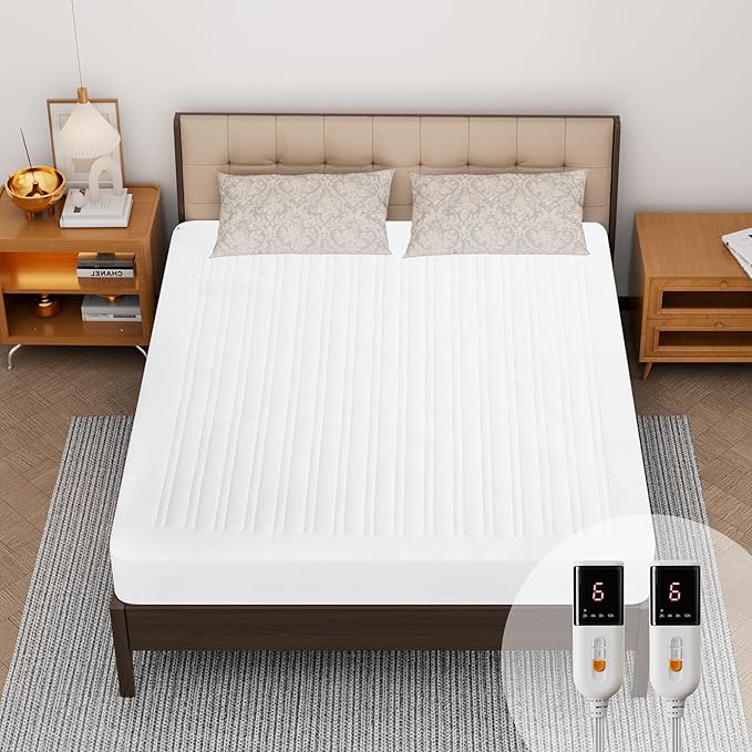 Heated Mattress Pad Queen Size-Dual Controllers Electric Mattress Pad with Deep Pocket,6 Heat Settings & 1-10 Auto Shut Off Electric Bed Warmer,ETL Certified,Machine Washable(60"x80")