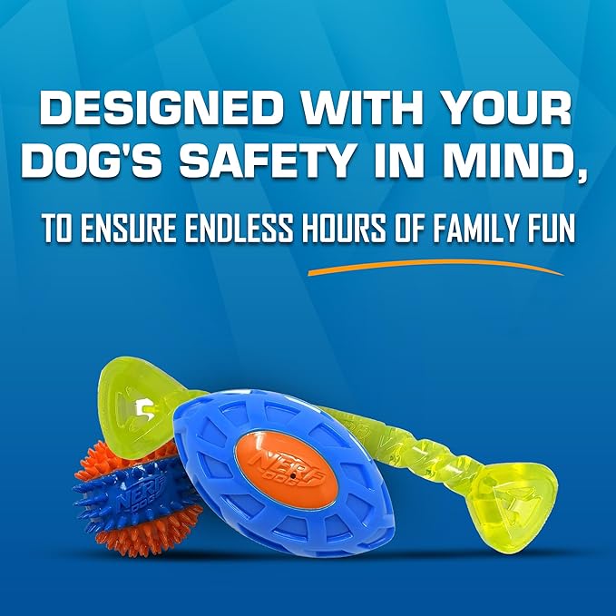 Nerf Dog Toy Gift Set, 3-Piece Set of Outdoor Dog Toys for Tug and Fetch, Includes Spike Squeak Ball, Treat Tug Bone and Exo Squeak Football