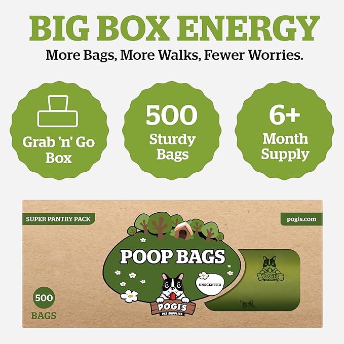 Pogi's Poop Bags – Large, Leak-Proof Dog Waste Bags for Yard or Home Use, Unscented (Single Roll, 500-Count)