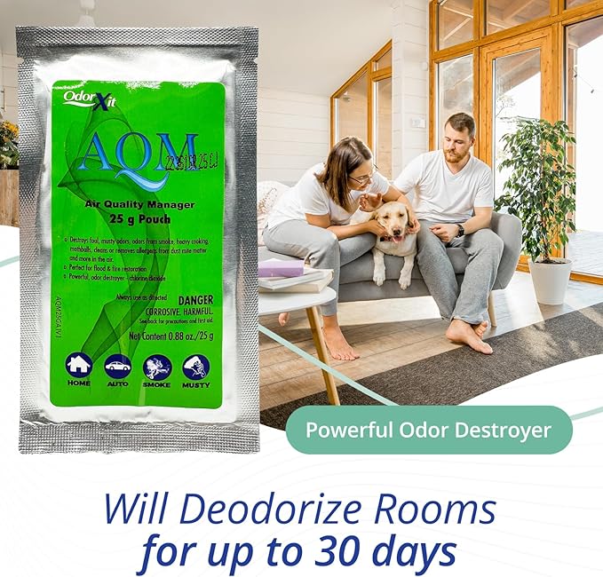 AQM by OdorXit, Air Quality Manager Chlorine Dioxide Odor Removal Packet, Dog Odor Eliminators for Hom, Wet Dog Smell & Car Deodorizer, Cigarette & Strong Smell Neutralizer, 25g