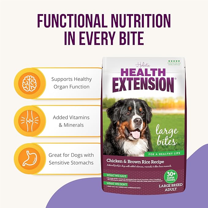 Health Extension Large Bites Chicken & Brown Rice Dry Dog Food (30 lb / 13.61 kg) - Protein-Rich Formula with Probiotics & Essential Nutrients for Larger Breeds