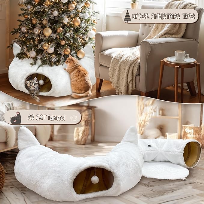 OurWarm White Cat Tunnel Bed Under Christmas Tree, Fluffy Plush Cat Tunnel Christmas Tree Skirt, Collapsible Peekaboo Donut Cave with Washable Mat and Hanging Ball for Indoor Small Animals