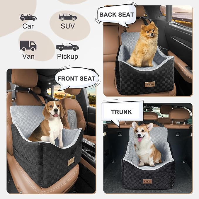 JOEJOY Elevated Dog Car Seat for Small/Medium Dogs up to 35 lbs, Memory Foam Pet Booster Seat with Detachable Washable Cover, Portable Travel-Safe Bed for Cars with Safety Belts and Storage Pockets