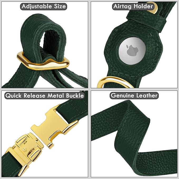 Leather Airtag Dog Collar - Soft Tracking Dog Collar with Apple AirTag Holder and Metal Buckle - Safety GPS Pet Collars for Small Medium Large Dogs Puppy Pink Red (Green, M, 14"-18" Neck Fit)