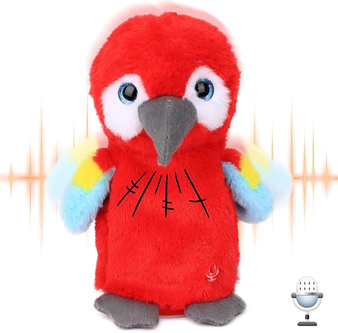 Hopearl Talking Parrot Repeats What You Say Nodding Electric Interactive Animated Toy Speaking Plush Buddy Gift for Toddlers, Red, 7.5''