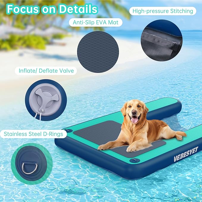 Inflatable Dog Water Ramp, Dog Floats Ramp Ladder for Pools, Boats, Docks, Sea and Lake, Non-Slip EVA 4ft x 3.3ft Platform for Dogs Up to 180LBS