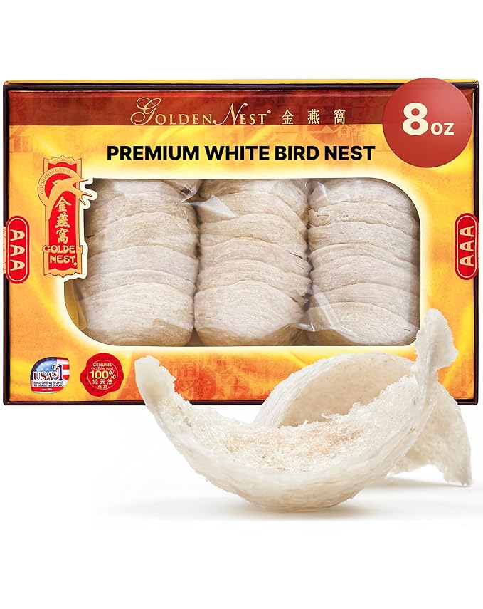 Golden Nest Premium White Bird Nest AAA, 100% Natural - Made in USA, ( 燕窩 ) - Family Size Box - 227g (8oz)