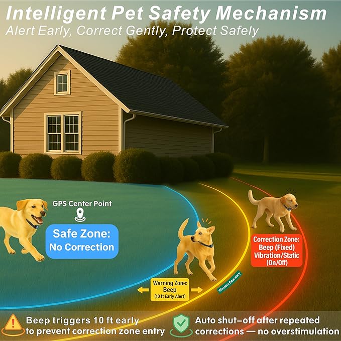 GPS Wireless Electric Dog Fence – Circular Wireless Dog Fence System for Dogs with Early Warning Beep & Auto-Protection, Quick-Charge Collar, 6561ft Range, Waterproof, 3 Modes, Outdoor Use Only