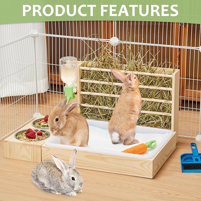 Rabbit Hay Feeder with Litter Box, Small Animals Hay Rack with Water Bottle, and 2 Bowls, Wooden Bunny Hay Holder Feeder Toilet Combo for Rabbit, Guinea Pig, Hamster, Hedgehog, Chinchillas