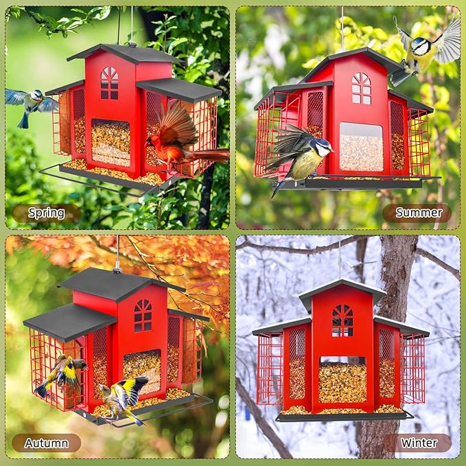 Large Bird Feeders for Outdoors Hanging,Metal Bird Feeder with Double Suet Cage Cake,Sturdy & Weatherproof,Easy to Clean & Refill,4.6Lbs Large Capacity, Great for Attracting Wild Birds,Red