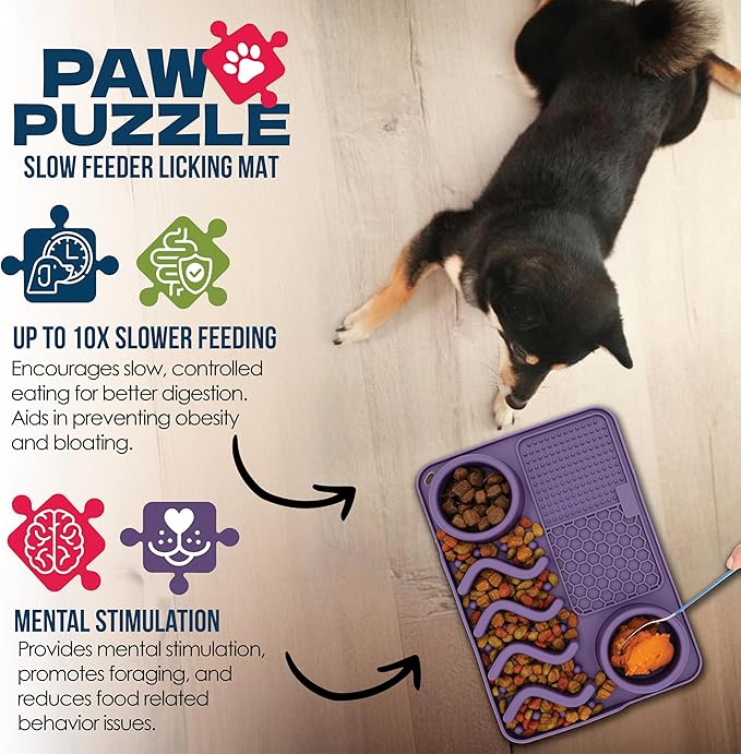 Palz&Co Paw Puzzle 2-in-1 Slow Feeder & Lick Mat for Dogs and Cats, Dry and Wet Food, Dishwasher Safe Silicone, Medium 12"x8", Purple