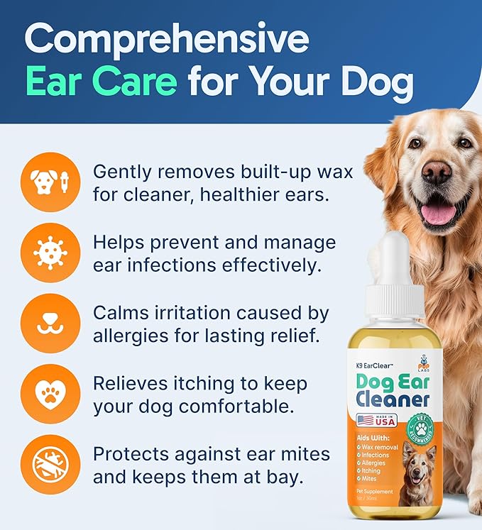 Ear Clear, Natural Dog Ear Cleaner and Infection Treatment for Dogs, Dog Drops for Itching, Irritation, & Wax Build-Up, 1 oz Bottle with Dropper
