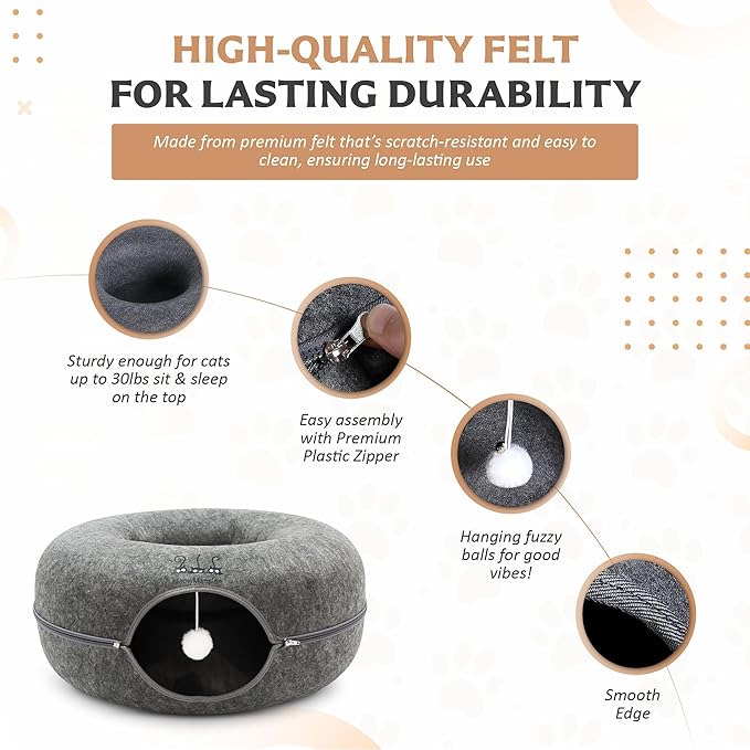 MeowMansion - Indoor Cat Tunnel Bed - Scratch Resistant Peekaboo Cave Donut Shape - Multifunctional Playground, Caves, Toys (Grey)