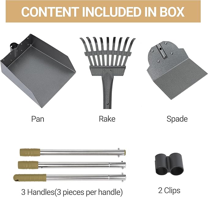 Heeyoo Dog Pooper Scooper, Dog Poop Tray and Rake Set, Pet Waste Removal Scoop with Long Adjustable Sectional Stainless Handles