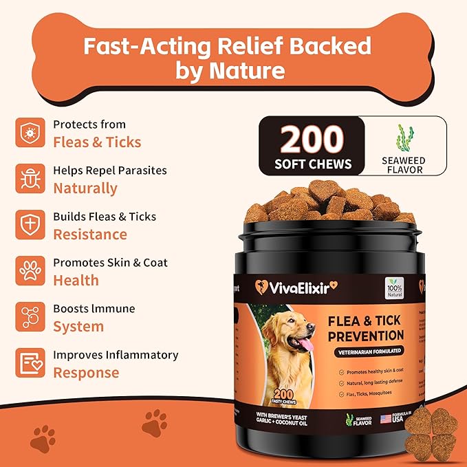 Flea and Tick Prevention for Dogs – 200 Soft Chews - Dog Flea and Tick Treatment & Oral Flea Pills – Skin & Coat Health - Made in USA - for Small, Medium, Large Dogs