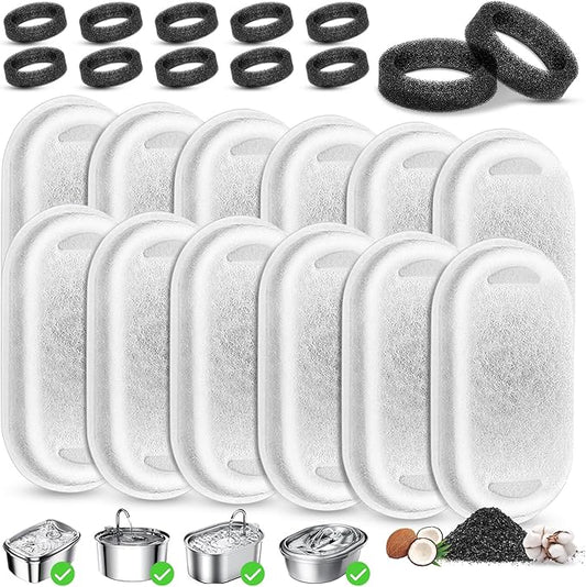 Cat Water Fountain Filter Replacement, 12 Pcs Cat Filters Pet Water Fountain Filters with 12 Pcs Sponges Foam for 67oz/2L & 108oz/3.2L Stainless Steel Automatic Cat Water Fountain Dispenser Filters