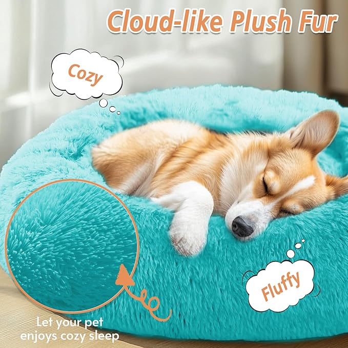 JOLLYVOGUE Medium Calming Dog Bed, Anti-Anxiety Donut Cuddler Cat Bed with Anti-Slip Bottom, Fluffy Faux Fur Machine Washable Pet Cushion for Medium Large Dog & Cat (31")