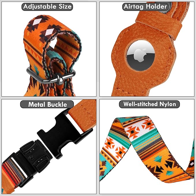 AirTag Dog Collar with Metal Buckle - Soft Leather Printed Nylon Dog Collar with Apple AirTag Holder - Cute Tracking GPS Pet Collars for Girl Boy Small Large Dogs (XS, 9"-12" Neck Fit, Southwest)