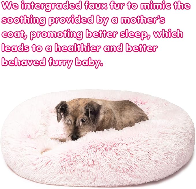 Friends Forever Donut Dog Bed Faux Fur Fluffy Calming Sofa For Small Dogs, Soft & Plush Anti Anxiety Pet Couch For Dogs, Machine Washable Coco Pet Bed with Non-Slip Bottom, 23"x23"x6" Pink