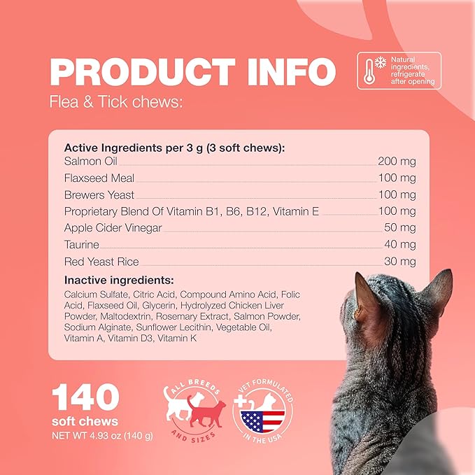Flea Treatment for Cats - Daily Oral Cat Flea and Tick Chews - Chewable Tick Treatment Supplement for Kittens - Skin & Coat, Digestive Health Supplement - Alternative to Collars, Combs, Shampoos