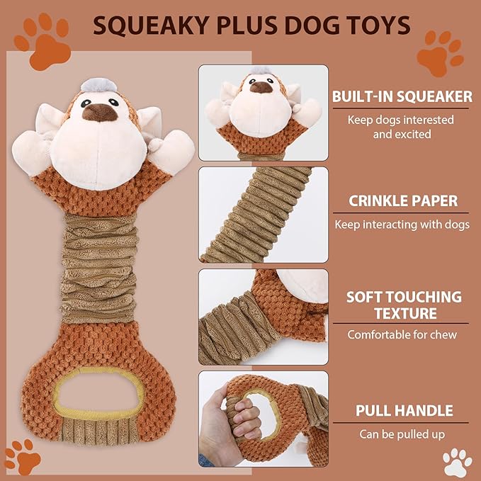 Squeaky Dog Toy with Crinkle Paper, Pull Interactive Plush Chew Toy for Puppies, Small, Medium, Large Dogs - Great for Tug of War and Teeth Cleaning