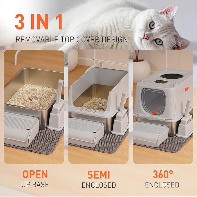 Citylife Stainless Steel Cat Litter Box with Lid, Front & Top Entry Extra Large Metal Kitty Litter Box Enclosure with Scoop & Double Layer Mat, Anti-Leakage, Non-Sticky, Light Grey