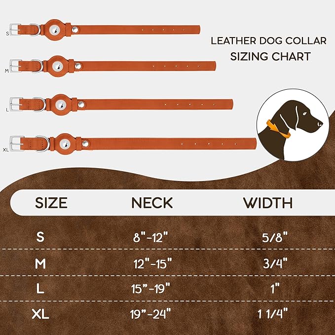 Leather Dog Collar with Airtag Holder - Apple AirTag Dog Collars - Soft Tracking Smart GPS Pet Collar for Small Medium Large Dogs Puppy (Brown, M, 12"-15" Neck Fit)