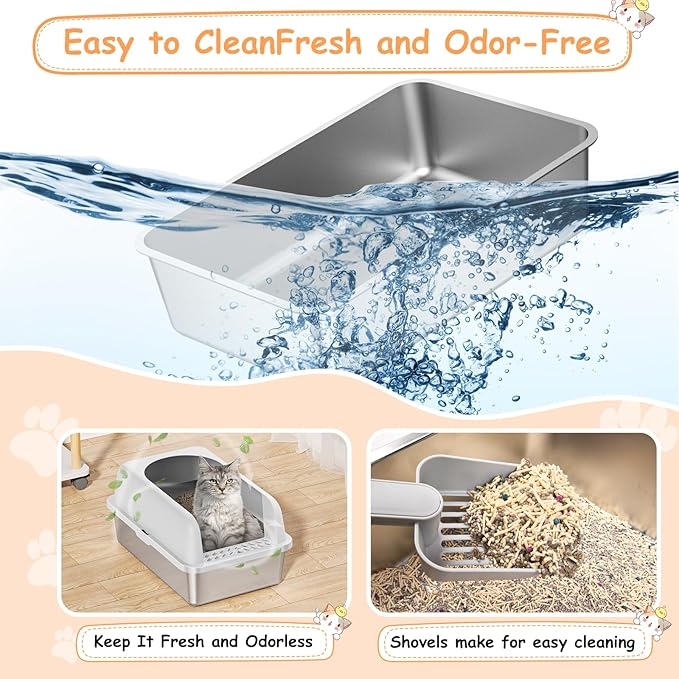 Stainless Steel Litter Box with Lid, Metal Litter Box with Cat Litter Mat,Extra Large Enclosed Cat Litter Boxes for Multiple Cats, Anti-Leakage,Non-Stick, Easy to Clean, Included Mat, Scoop