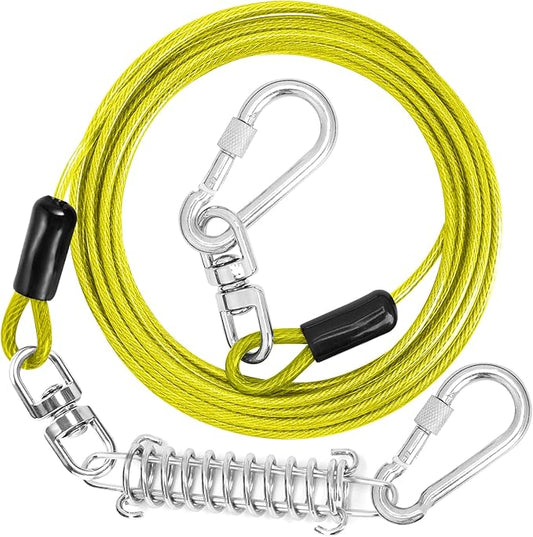 Jenico Dog Tie Out Cable, 10/15/20/30/40/50/70/100/150FT Runner Cable with Swivel Hook and Shock Spring, Outdoor and Camping Dog Leash Run Tether for Small to Medium Pets Up to 500 LBS