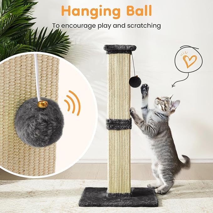 Indoor Cat Scratching Post: 32 in Tall Cat Scratcher with Natural Sisal Rope, Kitty Pet Tower with Sturdy Wood Base and Hanging Ball Toy, Great Gift for Small and Large Kittens, Grey
