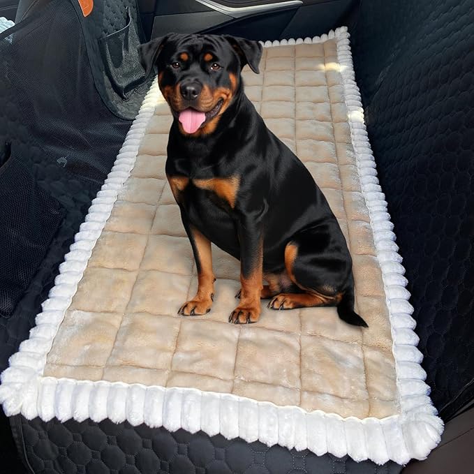Dog Car Seat Cover for Back Seat, Dog Bed for Car, Fit for Backseat Extenders, Car Seat Protector, Nonslip Soft Durable for Cars Trucks and SUVs (Light Brown and White, 24.8"*54")
