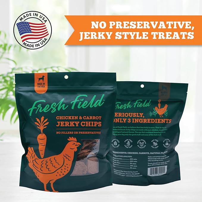 Fresh Field Chicken & Carrot Jerky Chips, 5 oz – All-Natural Dog Treats, USA Made, No Fillers, Supports Health