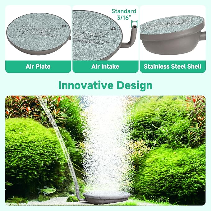 hygger Aquarium Air Stone, 2.3 Inch Fish Tank Bubbler Stone Kit Makes Super Tiny Bubbles, Ultra-High Dissolved Airstone with Stainless Steel Base Aquarium Fish Tank and Hydroponic