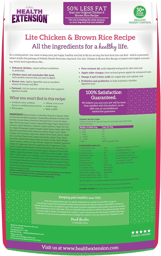 Health Extension Lite Chicken & Brown Rice Dry Dog Food (4 lb / 1.81 kg) - Low-Fat Formula with Glucosamine, Probiotics & Omega 3 for Overweight, Spayed, Neutered, or Senior Dogs (Pack of 2)
