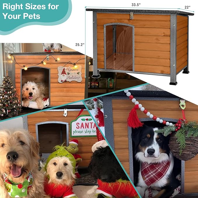 Indoor Outdoor Dog House,Anti-Chewing Iron Frame Dog Kennel,Wood Warm Pets Home,Weatherproof Outside Shelter for Feral Animal 33.5" (L) X 22" (W) X 25.2" (H) Brown