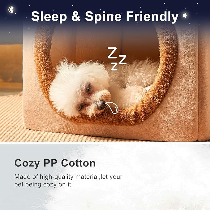 JIUPETY Cute Small Dog House Indoor, Foldable House Kennel Bed Mat with Cushion, L Size Tent Up to 25 Lbs, Dog Cave Bed with Non-Slip Bottom, Brown