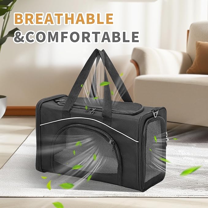 ‌Petsfit Airline Approved Pet Carrier for Small Dogs & Cats, 19x9x12 TSA Approved Carrier, with Removable Dual-Sided Padding (2-Way Placement) - Fits Under Most Airplane Seats, Escape Proof (Black)