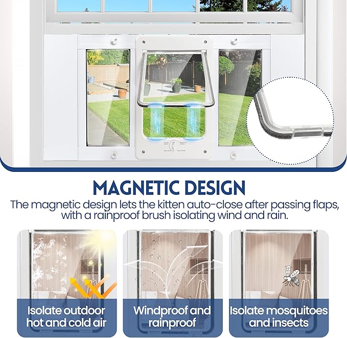 Full-Size Window Pet Door for Cats & Small Dogs, Width Adjustable Fits Sliding Windows, 10-Min Install, Aluminum Frame, HD High-Transparency Glass, Weatherproof Design, Magnetic Close