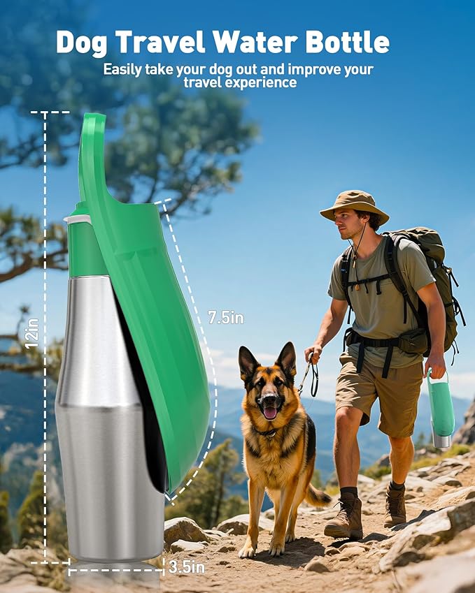 Portable Dog Water Bottle Bowl - 27 oz Travel Water Bowl Dispenser for Dogs, Stainless Steel Leak-Proof, A Must-Have for Outdoor, Camping, Walking, Beach, Hunting and Other Scenes （Green）