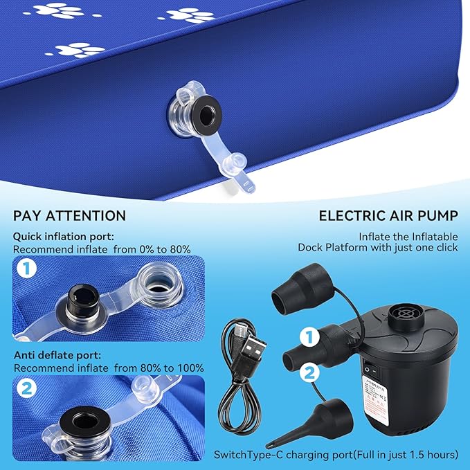 Inflatable Dock Platform with Electric Pump, Dog Boat Ramp Floating Non-Slip Oxford and PVC with Water Ramp for Dogs Pool, Dock, Lake with Traction Rope Blue (4.7ft x 3ft x 6in)