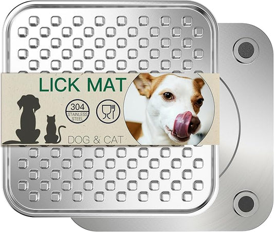 Stainless Steel Large Lick Mat for Dogs & Cats, Chew-Proof Slow Feeder, Anxiety Reducer, Whisker-Friendly for Cats, Non-Slip Heavy Duty Base, Raw Feeding Pad, Dishwasher Safe [Single]