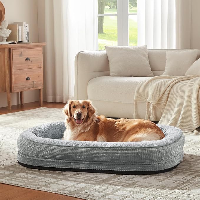 JOEJOY Orthopedic Dog Beds Large Sized Dog, Egg-Crate Memory Foam Pet Couch Bed with Bolster Sides, Waterproof Lining, Removable Washable Cover & Non-Slip Bottom, Light Grey