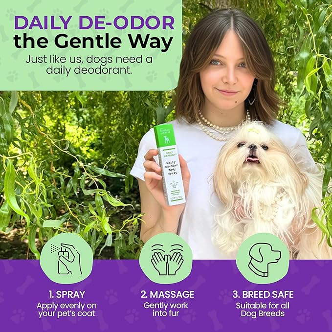 Luxury Daily Dog Deodorant & Grooming Spray – Long-Lasting, Odor Eliminating Pet Deodorizer Spray for Dogs’ Coat & Skin – Gentle & Clean, Irresistible Fresh Spa Scent 5.07 Fl oz.
