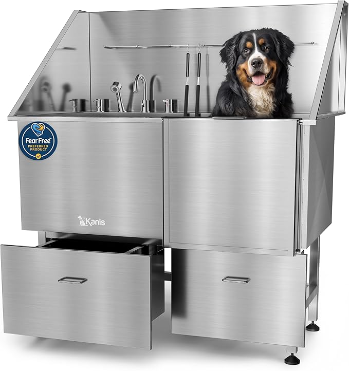 KANIS Professional Dog Washing Station - 304 Stainless Steel Pet Wash Sink & Grooming Bath Tub for Home with Ramp, Shower, Floor Grate, Storage Drawers, and Faucet for Large, Medium & Small Pets