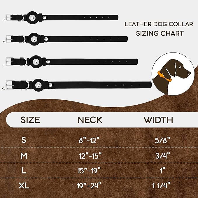 Leather Dog Collar with Airtag Holder - Apple AirTag Dog Collars - Soft Tracking Smart GPS Pet Collar for Small Medium Large Dogs Puppy (Black, M, 12"-15" Neck Fit)