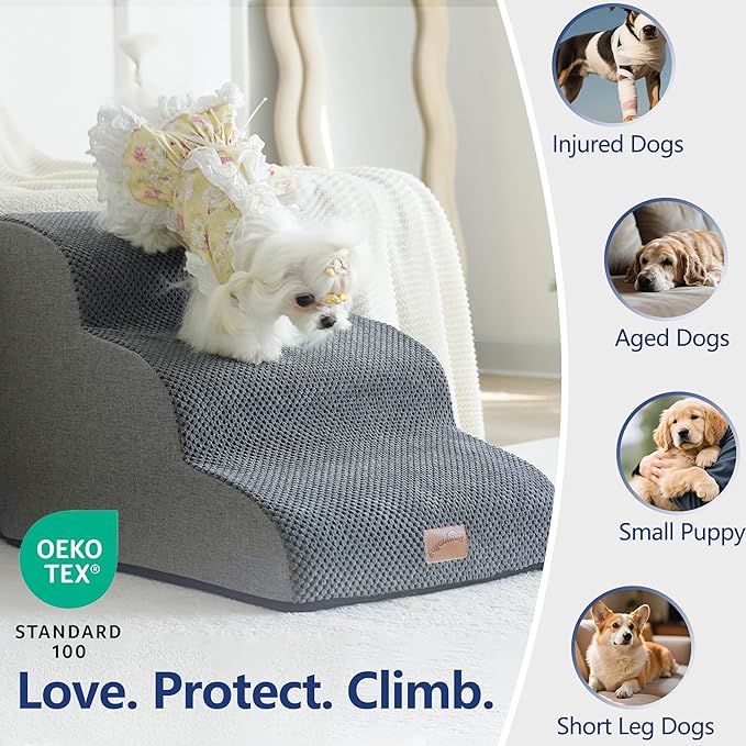 GoGoBunny Ramp Dog Stairs for Couch Sofa and Chair 15.7" H, 3-Step Pet Steps for Small Dogs and Cats, Non-Slip Waterproof Fabric Cover, Stable and Balanced Indoor Step, Pets Friendly, Grey