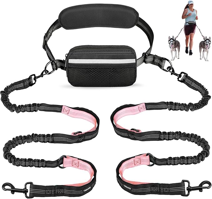 Hands Free Dog Running Leash with Waist Belt, Dual Handle Elastic Bungees Retractable Rope for Small and Medium Dogs, Reflective Stitches for Walking Hiking Biking (Medium Pink, 8-25lb)