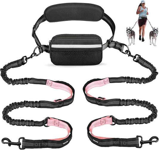 Hands Free Dog Running Leash with Waist Belt, Dual Handle Elastic Bungees Retractable Rope for Small and Medium Dogs, Reflective Stitches for Walking Hiking Biking (Medium Pink, 8-25lb)