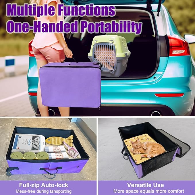 Upgraded Portable Cat Travel Litter Box with Zipped Lid & 10 Liners, Leak-Proof and Foldable Travel Cat Litter Box for Hotels, Car, and Camping, Odor-Free & Waterproof, 20x14x6.5 Inches (Purple)