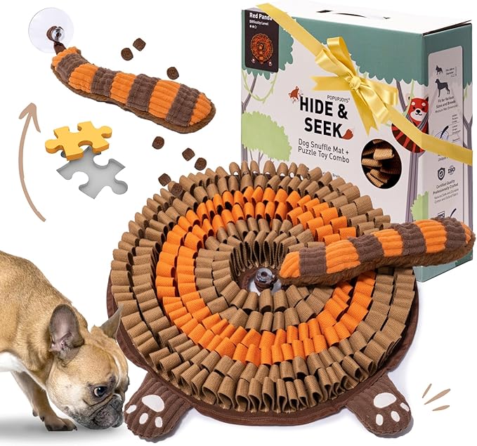 POPUPJOYS Durable Hide & Seek Snuffle Mat for Dogs, 2-in-1 Enrichment Puzzle Toy with Detachable Tail & Squeaker, Adjustable Difficulty Level with Suction, Machine Washable, Gift-Ready (Red Panda)